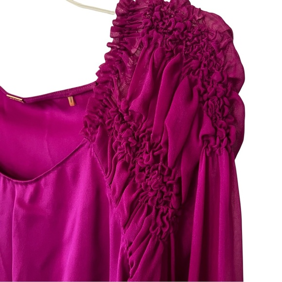 ELIE TAHARI Magenta Silk Top Ruffle Sheer Sleeves Feminine Pretty Small Flowy - Picture 2 of 13